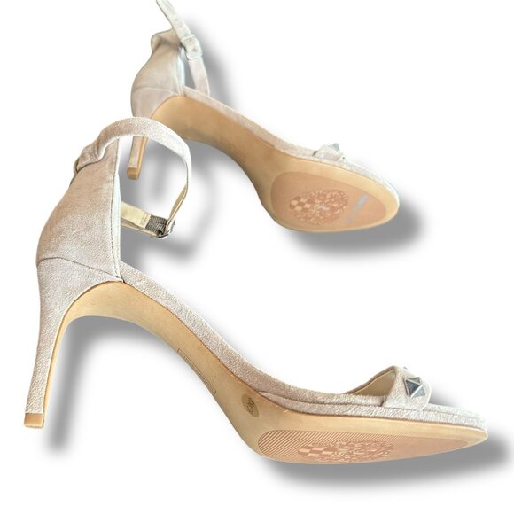 Vince Camuto Nude Suede Heels 3.5โ Studded Ankle Strap Sandals Size 38 / US 8M - Picture 5 of 12